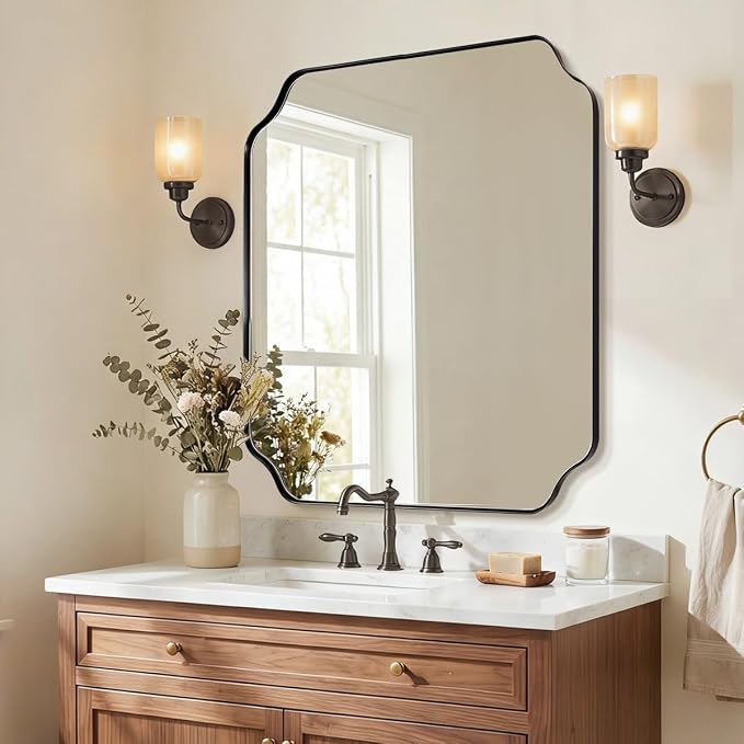 ANDY STAR 36x40 Inch Bathroom Mirror, Large Black Vanity Mirror for Wall, Modern Scalloped Mirror in Premium Stainless Steel Metal Thin Frame, Unique Rounded Notched Corners, Vertically/Horizontally