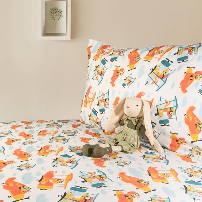 Salt Earth 100% Cotton 210TC Kids Bedsheet, Twin Fitted Sheet, Toddler Bed, 2 Piece Bedding Set 1 Fitted Sheet & 1 Pillowcase, Themed Toddler Bed Sheets, Cute Sheets for Kids Bed(Helicopter)