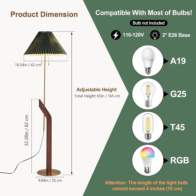 Floor Lamps for Living Room,Mid Century Modern Wood Floor Lamp | Height Adjustable, Tall Standing Dual Lamp Heads, Gold Finish, Living Room Bedroom Office Study Room