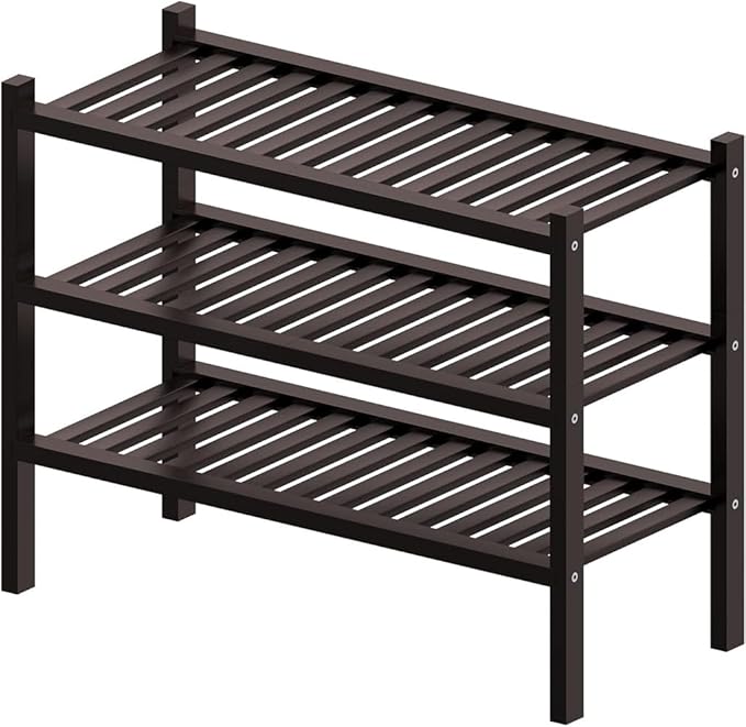 RONGJlA 3 Tier Bamboo Shoe Rack for Closet Free Standing Wood Shoe Shelf Storage Organizer for Entryway Small Space Stackable, Natural, Brown