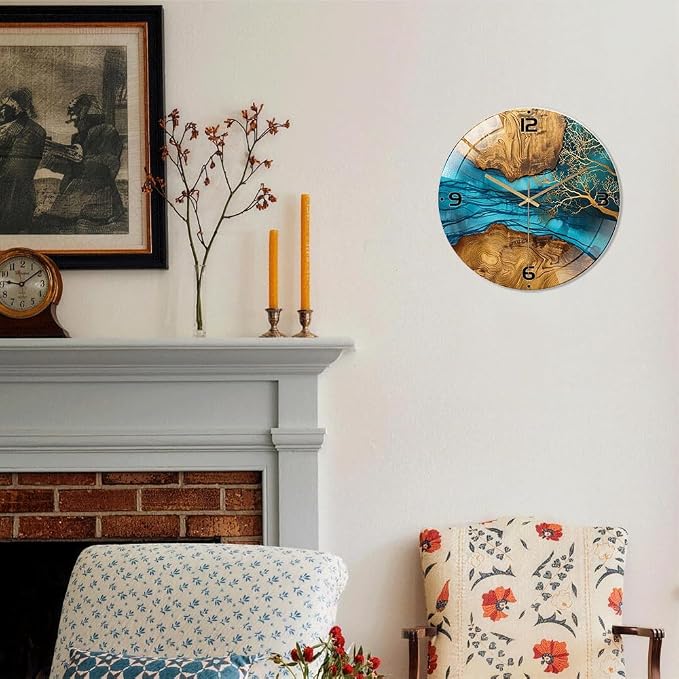 12 Inch Blue River Glass Wall Clock Silent Modern Art Decor | Silent glossy resin and wood-style wall clock perfectly tracks time, adding modern art to your living room