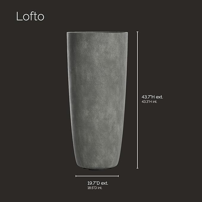 Lofto Tall Planter – Grey Stone Finish – Fiberglass Indoor/Outdoor and Weather-Resistant Large Planter (19.7" D x 43.7" H Exterior, 18.5" D x 43.3" H Interior)