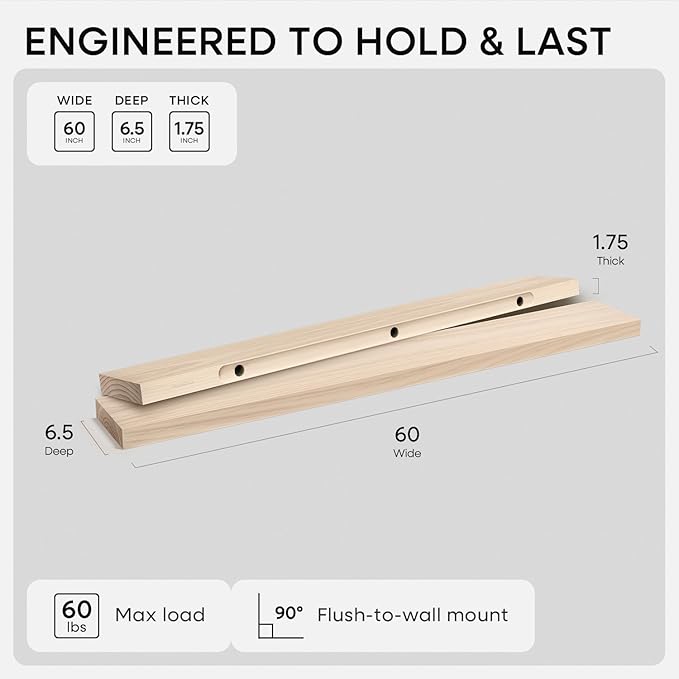 Homeforia 60 inch Wood Floating Shelf, High End Solid Natural Long Wood Shelf for Wall 60 inches, Unfinished Wooden 60inch Large Floating Shelves, Heavy Duty Bracket, 60 X 6.5 X 1.75 in, Set of 2