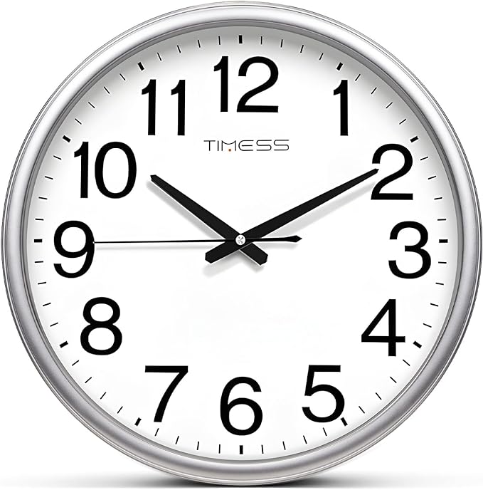 TIMESS Wall Clock, 16 Inch Large Dial Non-Ticking Silent Battery Operated Quality Analog, Ultra-Quiet Movement Quartz, Timeless Stylish Clock, Ideal Modern Home, Office Décor (Sliver)