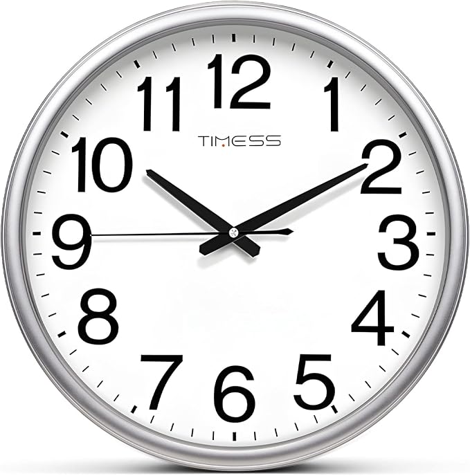 TIMESS Wall Clock, 13 Inch Large Dial Non-Ticking Silent Battery Operated Quality Analog, Ultra-Quiet Movement Quartz, Timeless Stylish Clock, Ideal Modern Home, Office Décor (Sliver)