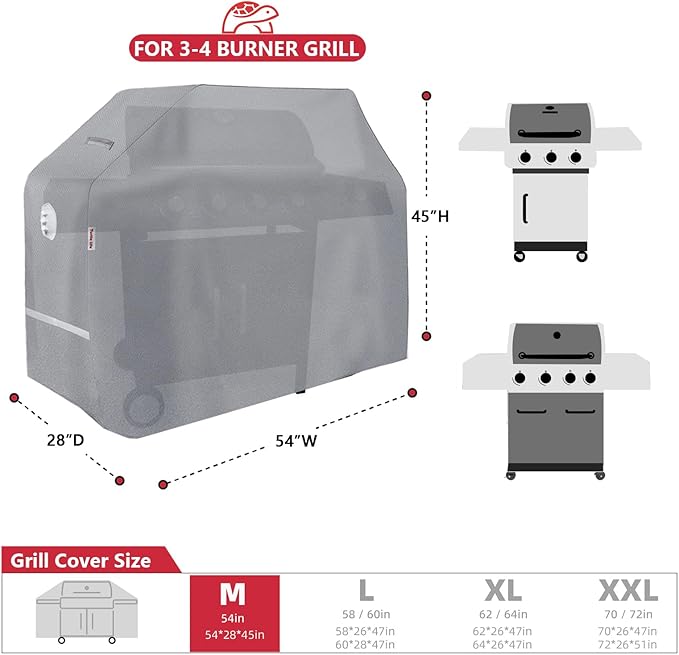 Turtle Life BBQ Grill Cover, 54 Inch Heavy Duty Waterproof 3-4 Burner Barbecue Gas Grill Covers for Weber Spirit Char-Broil Brinkmann, Gray