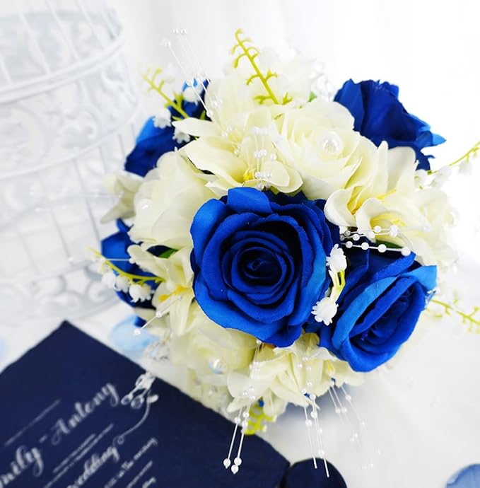 Royal Blue & White Wedding Bouquets for Bride Bridesmaid Bouquet Artificial Roses Tossing Bridal Bouquet for Wedding Church Home Decoration, Gifts