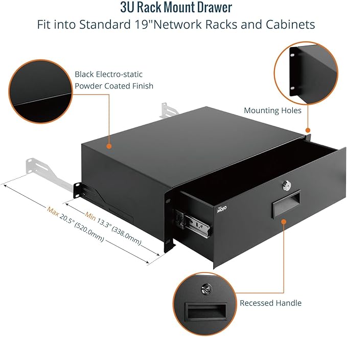 Tecmojo 3U Rack Drawer,Rack Mount Drawer for 19in Network Equipment/Server/AV Rack or Cabinet Enclosure,Sliding and Lockable Server Rack Drawer - Load-Bearing 44lb (20kg),with Cable Management Holes