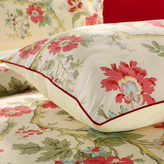 LifeTB Vintage Garden Style Duvet Cover King Red Flower Green Leaves Pattern Floral Duvet Cover Aesthetic Comforter Cover Soft Cotton Floral Bedding Set Botanical Garden Flower Duvet Cover King Size