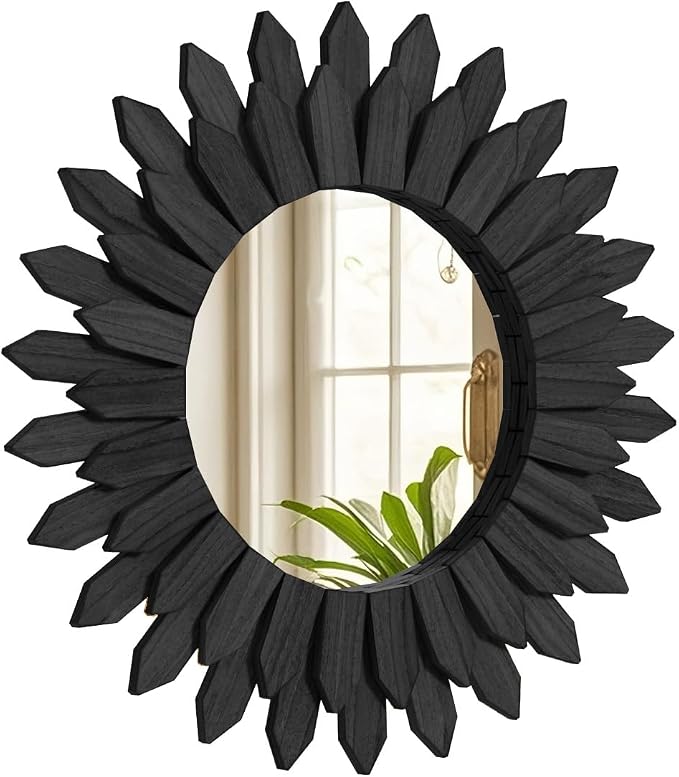 Boho Wood Sunburst Round Wall Mirror, 20 Inch Rustic Circle Wooden Frame Decorative Mirror for Farmhouse Coastal Home, Home Wall Decor for Living Room Entryway Bedroom, Black