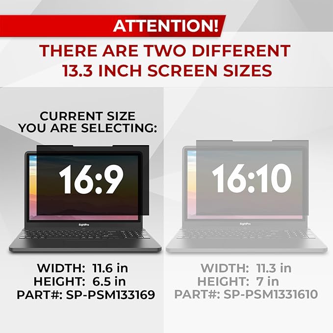 SightPro Magnetic Laptop Privacy Screen 13.3 Inch 16:9 - Removable Computer Privacy Filter Shield and Protector