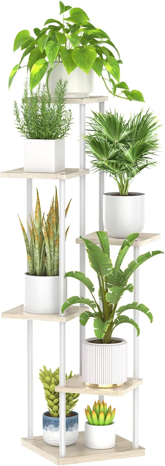 Oppro 6 Tier Tall Plant Stand Indoor, Large Metal Wood Muti Level Vertical Planter Shelf Orchid Holder for Narrow Corner, Sturdy Heavy Duty Flower Display Rack for House Decor Living Room Bedroom, White