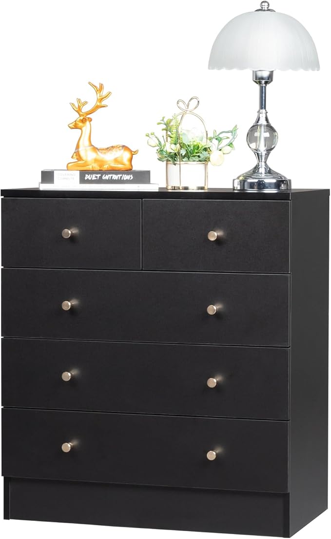 Karl home Black 5 Drawer Dresser for Bedroom, Modern Wood Dresser Chest of Drawers, Bedroom Dressers Clothes Organizer, Anti-Tipping Device, Rose Gold Metal Handle, Living Room, Entryway, Office