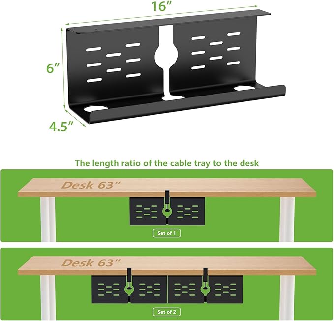 KEEGH 16" Under Desk Cable Management Tray, Desk Cord Organizer Upgrade Capacity, Drill Free Clamp/Screw Mount, Sturdy Metal Tray for Connect Cables, Home, Office, 1 Pack, Black