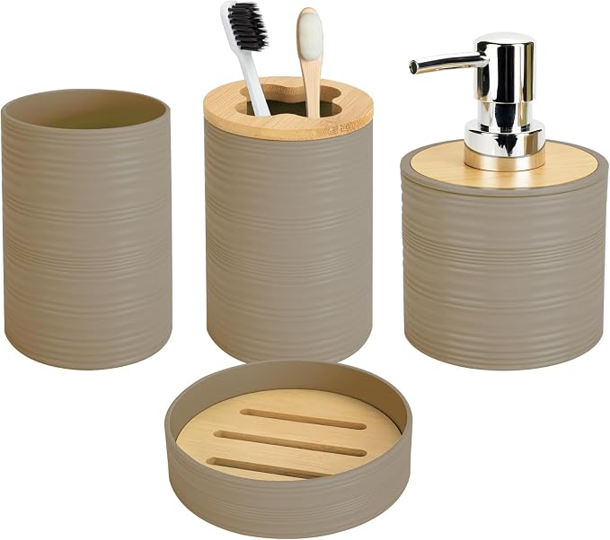 4 PCS Beige Bathroom Accessories Set, Includes a Soap Dispenser, Toothbrush Holder, Soap Dish and Mouthwash Cup, Plastics & Bamboo Bathroom Set, Bohemian Style Bathroom Sink Set