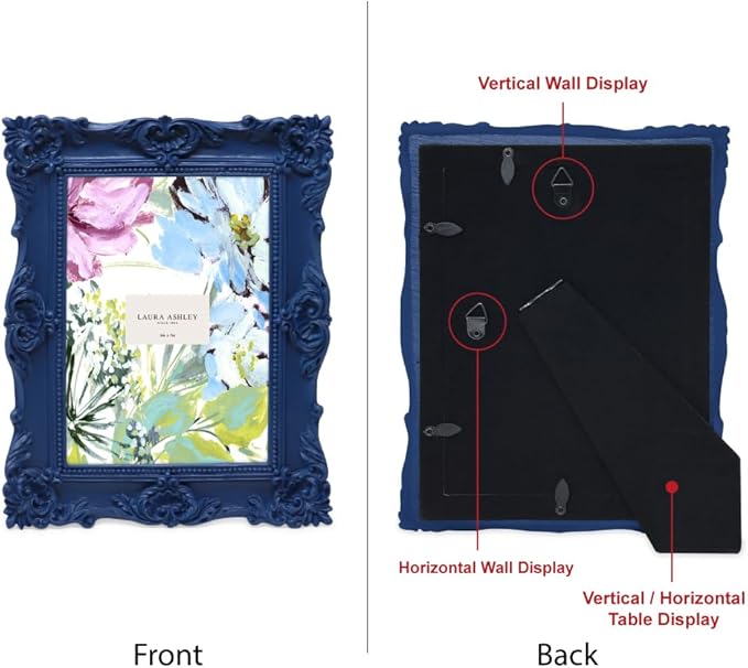 Laura Ashley 5x7 Navy Ornate Textured Hand-Crafted Resin Picture Frame with Easel & Hook for Tabletop & Wall Display, Decorative Floral Design Home Décor, Photo Gallery, Art, More (5x7, Navy)