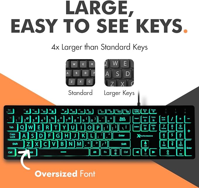 X9 Wired Keyboard and Mouse Combo - Large Print Backlit Keyboard and Mouse for Elderly, Low Vision, Visually Impaired - 7 LED Light Up Color, Lighted Large Letters for Laptop PC Computer USB