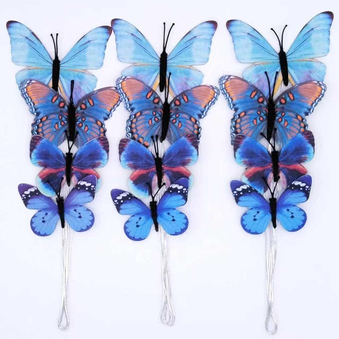 12 PCS Artificial Fabric Butterflies, 2 Sizes Reusable Butterly Crafts Decor, DIY 3D Butterfly Decorations for Fake Flowers Floral Nursery Wedding Tea Party Birthday Easter Spring. (Blue01 Medium)