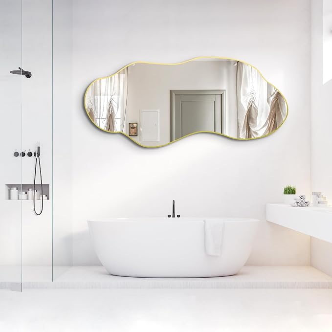 Large Irregular Wall Mirror, 63"x27.2" Asymmetrical Mirror with Gold Metal Frame, Organic Shape Mirror for Living Room Bedroom Hallway Entryway, Horizontal or Vertical Hanging