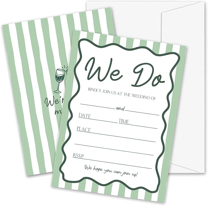 Green Stripe Wedding Invitations, 5"x 7" Cheers & Tears Wedding Invites Card With Envelopes, 25 PCS for Party Decorations and Supplies - A05