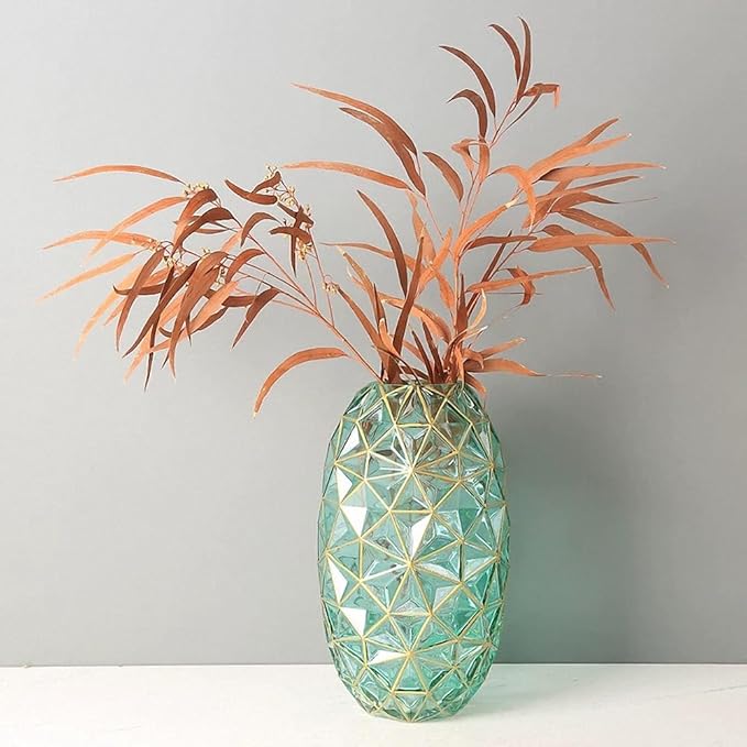 Hand Painted Gold and Green Diamond Shaped Glass Crystal Vase 13.6 inch Tall (Hand Painted Gold and Green)