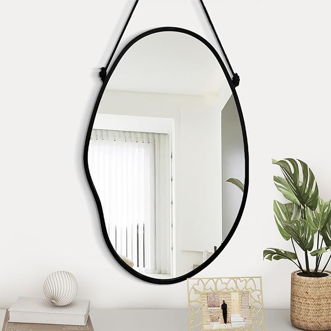 Bedroom Wall Mirror Irregular Black Frame Asymmetrical Mirror for Wall Vanity Bathroom Living Room Bedroom Entryway Hallway Modern Unique Decorative Artistic Hanging Mirror