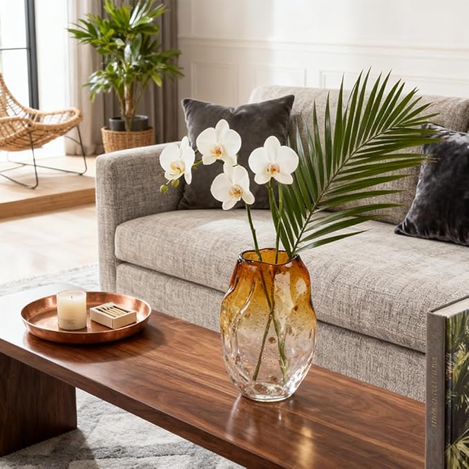Amber Glass Vase – 9in Handmade Decorative Vase for Flowers, Modern Brown Gradient Glass Vase for Home Decor, Living Room Centerpiece, Dining Table, Entryway or Wedding Decoration