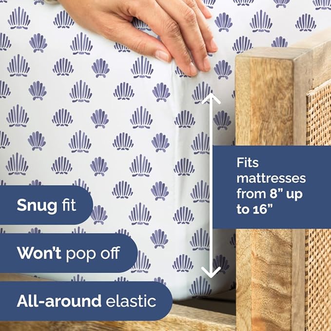 Coastal Bed Sheets - 1 Flat & 1 Fitted Sheet & 2 Pillowcases w/ Deep Pockets - Wrinkle & Fade Free Beach Themed Bed Set - Blue Sea Shell Bedding - Ultra-Soft, Breathable and Cooling - Queen Size