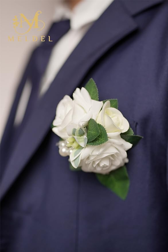 Meldel Prom Wrist Corsage and Boutonniere Set for Wedding, White Rose Boutonniere for Men Wedding, Wrist Flower for Bride Bridesmaid, Hand Flower for Wedding Ceremony Anniversary, Party, Homecoming