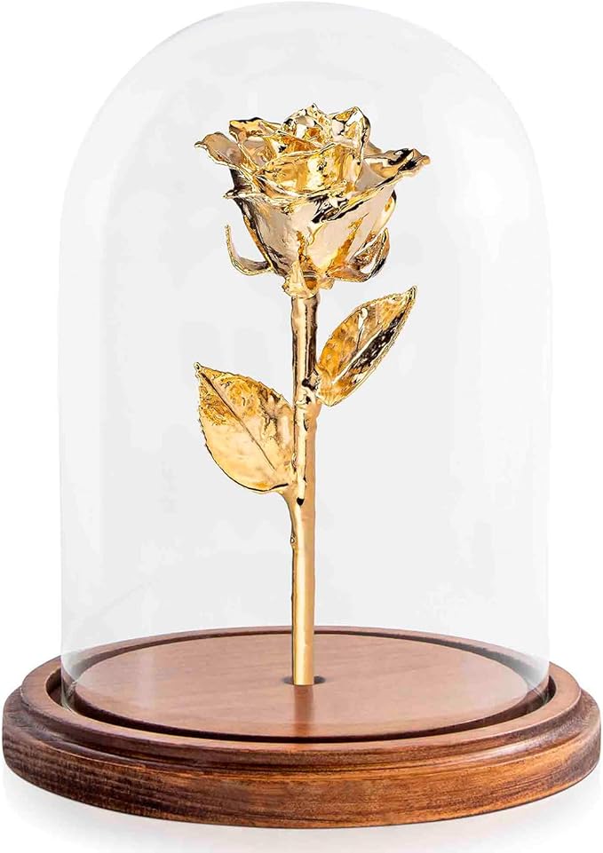 Forever Rose Enchanted Preserved with Real 24K Gold Rose Lasts Forever | Includes Wood Base & Glass Dome | 24K Gold Dipped Rose Assembled by Hand in The USA | Romantic Gifts for Women