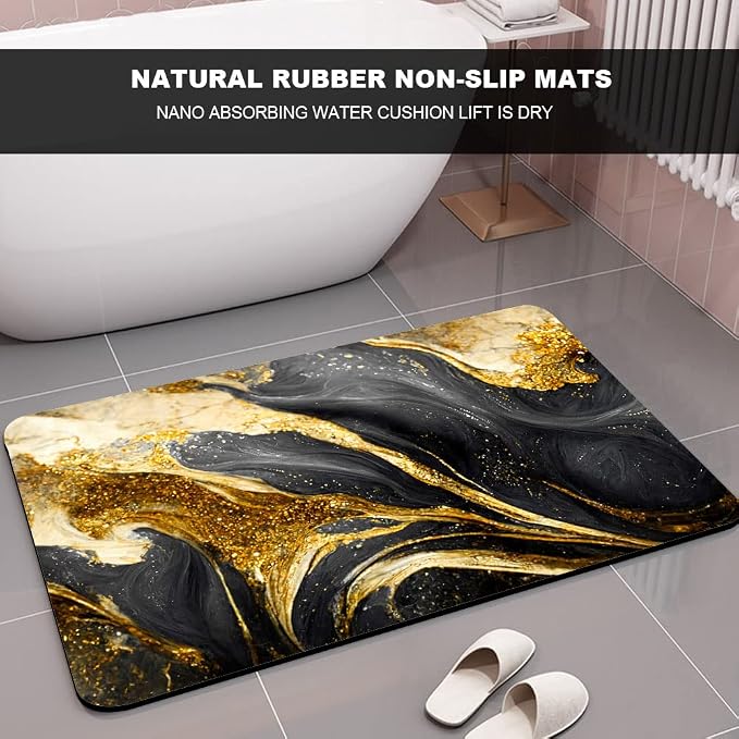 Diatomaceous Earth Bath Mat,Black Grey Gold Marble Texture Non-Slip Volume Super Absorbent Fast Drying for Bathroom Kitchen Door mat,Eco-Friendly Easy to Clean 16×24Inch (40 * 60cm)