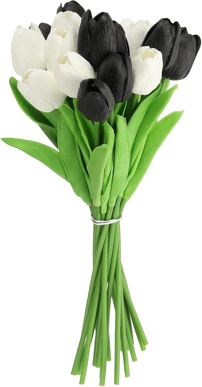 uxcell 20pcs Tulips Artificial Flowers, Faux Flowers Silk Fake Tulip Stems Real Touch for Wedding Bouquet Centerpiece Table Party Decoration(Black, Pure White)
