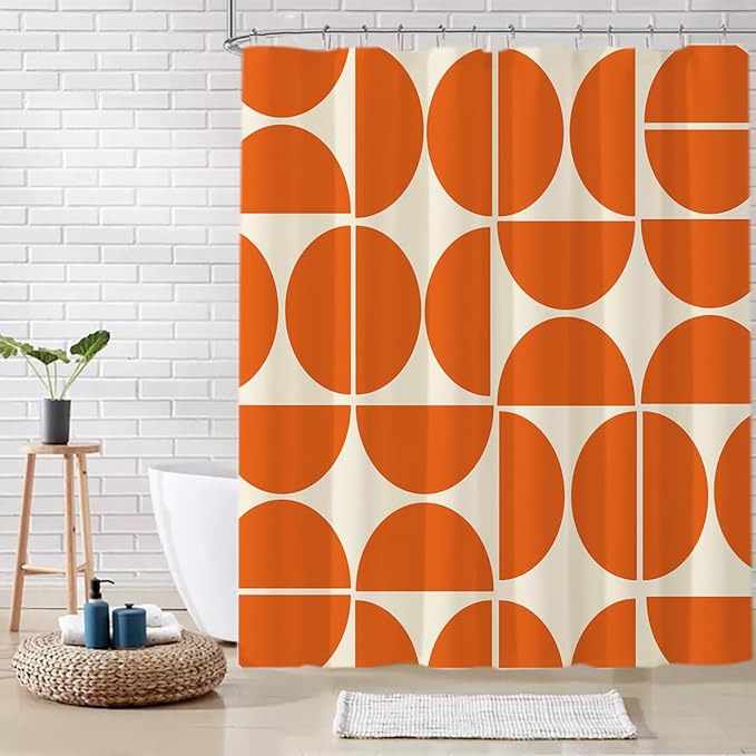 Orange Mid Century Shower Curtain Sets Boho,Modern Abstract Geometric Art Bath Curtain for Bathroom,Waterproof Fabric Polyester Curtain with 12 Hooks, 72 x 72 Inches