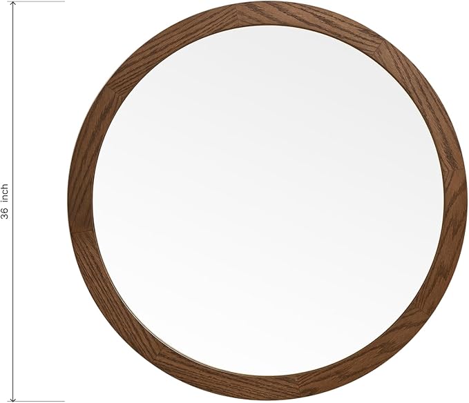 ARIEL Round Wooden Mirror 36" in Brown Oak, Wood Circle Wall Mirror for Bathroom, Vanity, Entryway & Living Room Decor, Farmhouse Style