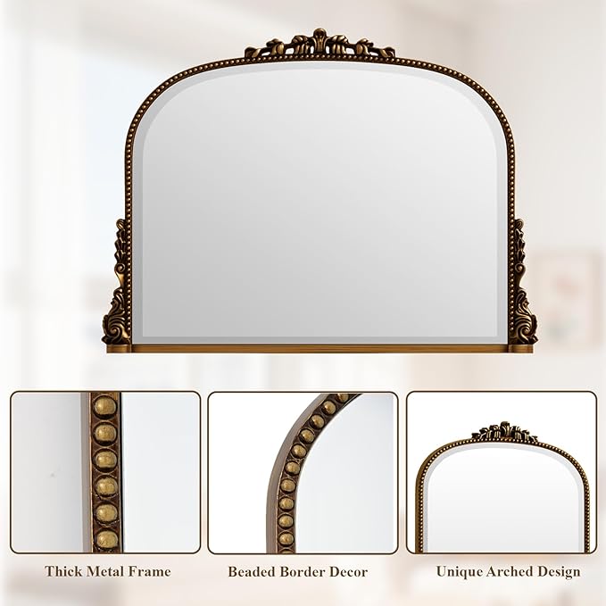 Wall Beaded Mirror, 44 x 32 Inch Round Top Right Angle Wall Mirror, Tempered Glass, Rust Resistant, Horizontally or Vertically Hanging, Gold