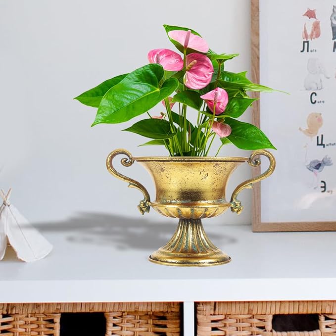 BESTOYARD 9.25 X 6.29 Inch Retro Metal Flower Pot - Golden Iron Vase, Distressed Metal Flowerpot for Home Decor, Aesthetic Garden Flower Vase, Rustic Farmhouse Iron Art Planter