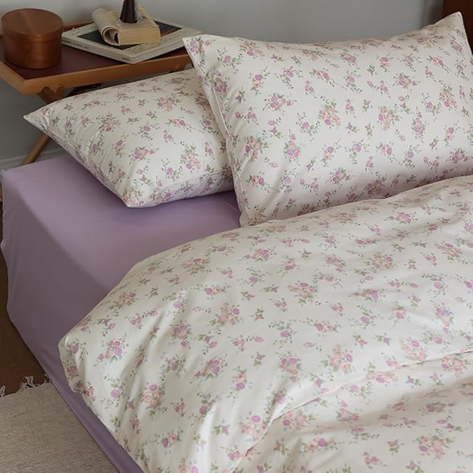 VM VOUGEMARKET Purple Blooming Comforter Set Full 3 Pcs Vintage Pink Flower Down Comforter with 2 Pillowcases All Season Soft & Lightweight Comforter Set for Girls Women 80"x90"