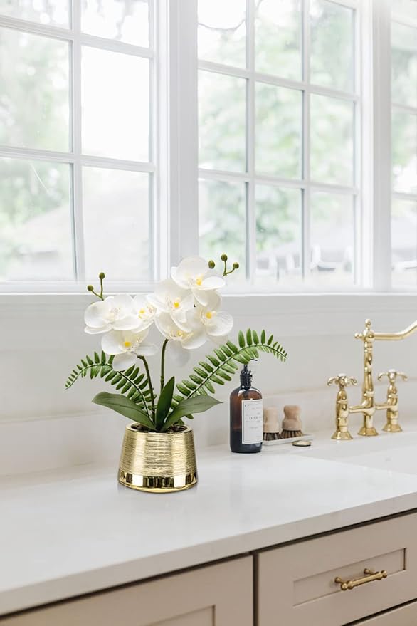 Oairse White Orchids Artificial Flowers in Gold Pot Faux Phaleanopsis Orchid Bonsia Fake Orchid Centerpiece for Dining Room