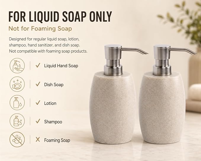 Clasin Home Sandstone Textured Resin Soap Dispenser with Metallic Pump and Waterproof Bottle Labels for Bathroom Kitchen Dish Hand Wash Shower Lotion Shampoo, 12 Oz, 2 Sets Beige