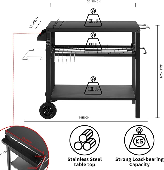 DNKMOR Dining Cart Table with Three Shelf, Movable Outdoor BBQ Grill Pizza Oven Stand with Three Hooks, Kitchen Cart Island Multifunctional Food Prep Table for Inside and Outside (Black)