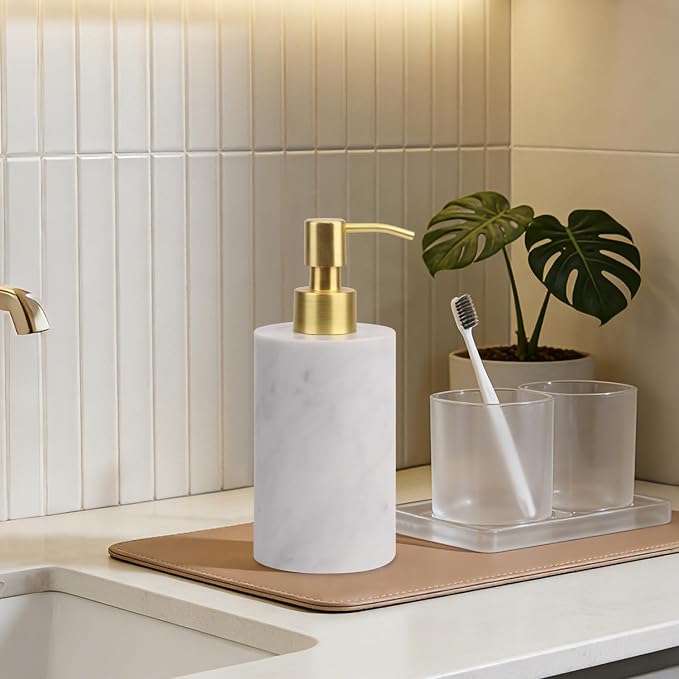 Natural Marble Soap Dispenser for Bathroom and Kitchen Countertop - 5.41 Ounces Hand Lotion and Liquid Stone Shampoo Laundry Bottle with Pump (1, Carrara White, Cylindrical Bottle)