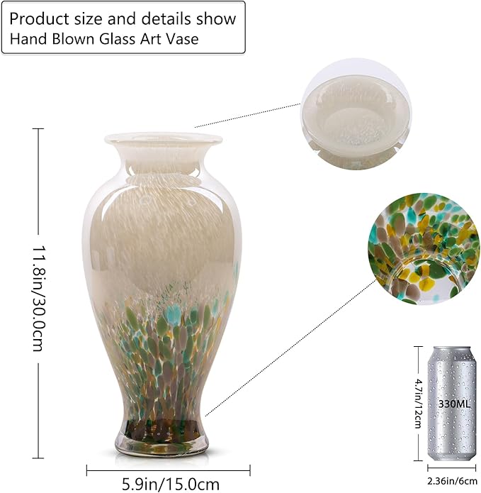 11.8" Tall Green Glass Vase Beautiful Hand Blown Glass Vase Modern Art Home Decor, Wide Mouth Colorful Vases for Mantle Dining Table Centerpiece, Entryway Living Room Wedding Decoration