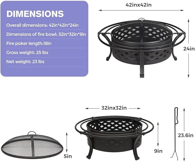 Panovue 42 Inch Outdoor Fire Pit with 2 Loops,Crossweave Wood Burning Fire Pits for Outside,with Spark Screen,Fire Poker,Round Metal Firepit for Patio,Backyard,Beach,Camping,Bonfire(42''Black)