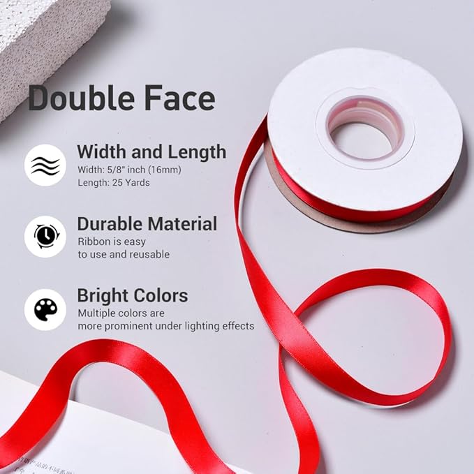 YAMA Red Double Face Satin Ribbon 5/8" 25 Yards Red Ribbon for Gift Package Wrapping,Floral Design,Hair Bow Clip Making,Crafting,Sewing,Wedding Decor