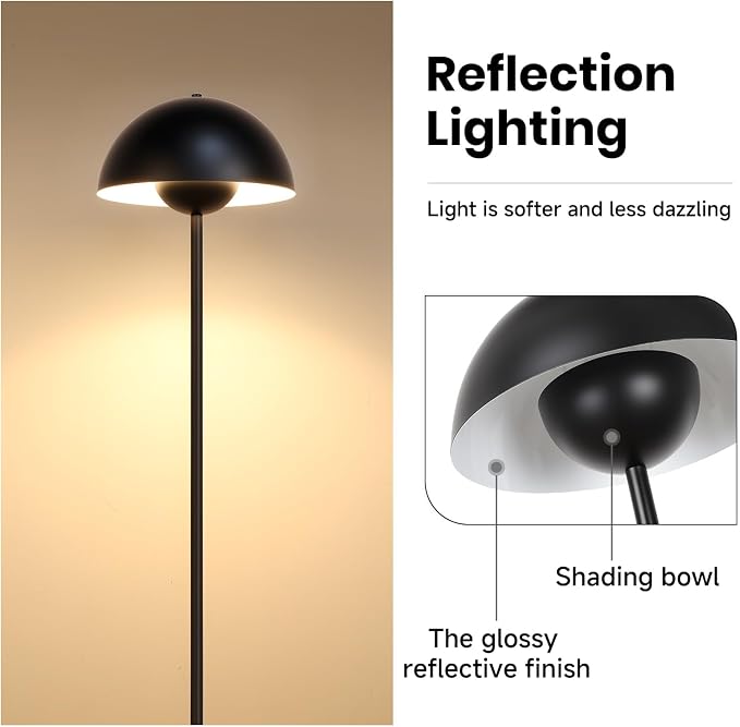 Coucrek 66'' Black Floor Lamp for Living Room, Industrial Standing Lamp with Unique Reflecting Shade, Modern Tall Floor Lamp for Bedroom Office Corner