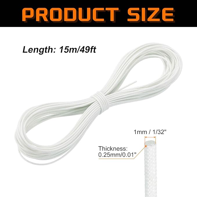 MECCANIXITY 49ft Braided Cable Sleeve, 1/32" ID 200C High Temperature 1500V Fiberglass Wire Insulation Cord Protector Organizer Wires Management for Motor Engine Fuel Line, White