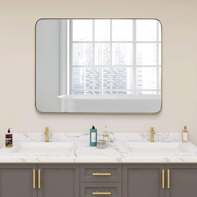 ANDY STAR Gold Bathroom Mirror, 30x36 Brushed Brass Rectangle Mirror for Bathroom, Modern Rectangular Wall Mounted Mirror for Vanity, Crafted of Stainless Steel Metal Frame…