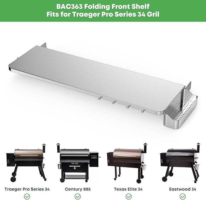 Stanbroil Stainless Steel Folding Shelf for Traeger Pro 34 Series, Texas Elite 34, Century 885, Upgraded Front Table with Caddy Organizer, Paper Towel Holder & Hooks Replacement for BAC363