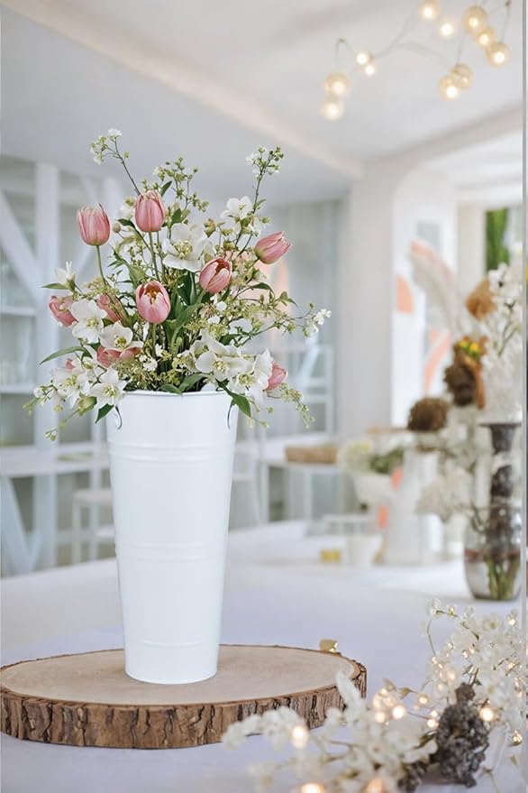 9 Inch Galvanized Metal Vases for Flowers - 2 Pcs Farmhouse Decorative Tall Flower Bucket with Handles, Rustic French Tin Planter Buckets for Wedding Decor (Pure White)