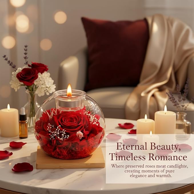 Birthday Gifts for Women,Eternal Preserved Real Rose with Scented Candle(Vinilla9Pcs+Rose9Pcs),Preserved Rose in Glass Dome, Christmas Valentine Mothers Day Gifts for Her Mom Girlfriend,Home Decor